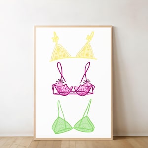 May include: A framed print showing three illustrated bras in yellow, pink, and green. The bras have different designs, with the yellow and green ones appearing to be lace. The artwork is set against a white background.