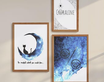 Coraline Wall Art Set of 3, Creepy Cute Digital Download Prints, Halloween Gothic Decor, Dark Academia Aesthetic, Spooky Printable Art