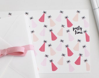 Party Time, Party Hats / Happy Birthday card / Happy Birthday / various pink party hats / Birthday Card
