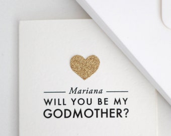 CUSTOM Godmother card with gold glittered heart appilque - "(name) will you be my godmother?" / godmother card / custom godparents card /