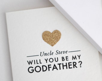 CUSTOM Godfather card with gold glittered heart appilque - "(name) will you be my godfather?" / godfather card / custom godfather card /