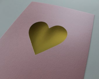 GOLD FOIL HEART - Gold Foil Heart Letterpressed Print on Luxurious Pink Shimmer Paper  - Size 8x10