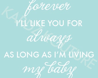 Typography Print - "I'll love you forever, I'll like you for always, as long as I'm living, my baby you'll be" - Nursery Art -  Size 8x10