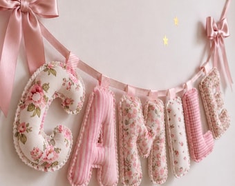 Personalized Baby Name Banner, Stuffed Fabric Letters, Vintage Pink Floral Name Garland, Girls Nursery Wall Decor, English Cottage Baby Room