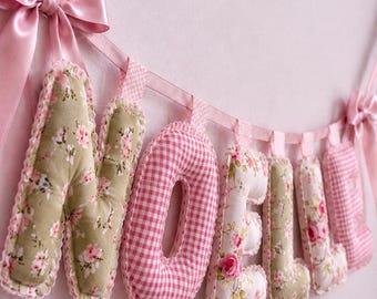 Personalized Fabric Name Garland, Baby Shower Gift for Girl, Stuffed Letter Banner, Heirloom Newborn Gift, Pink Floral Nursery Decor
