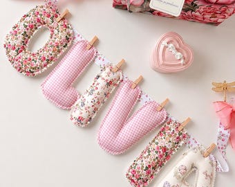 Personalized Baby Name Garland, Vintage Floral Nursery Decor for Girl, Custom Quilted Letter Banner, Baby Shower Gift, Coquette Pink Decor
