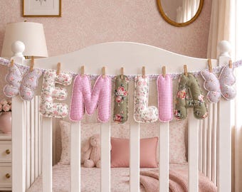 Custom Fabric Name Garland, Vintage Floral Nursery Decor, Heirloom Baby Name Banner, Quilted Letter Bunting