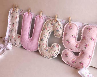 Personalized Name Garland, Pink Floral Coquette Style, Baby Name Banner, Vintage Floral Grandmillennial Nursery Decor, Quilted Fabric Letter