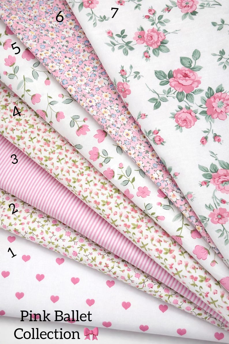 May include: Seven folded fabric swatches from the Pink Ballet Collection, numbered 1 through 7. Patterns include pink hearts on white, small floral prints, pink and white stripes, and large pink roses with green leaves on a white background.