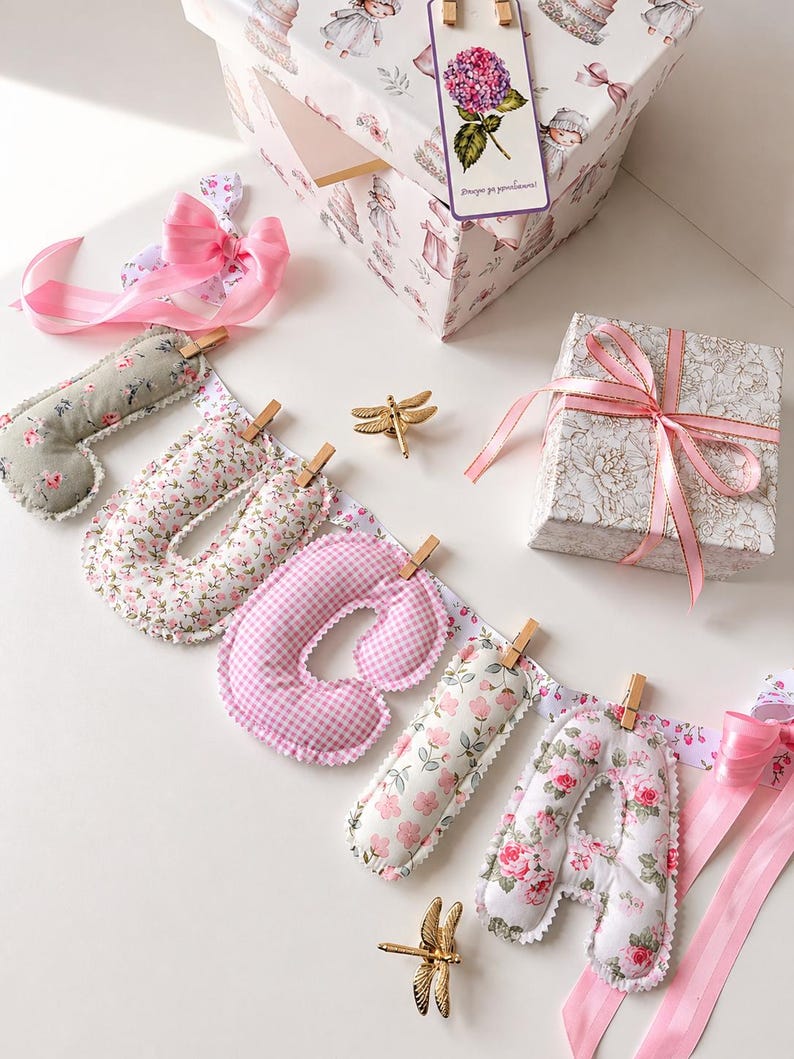 May include: A fabric banner spelling the name LUCIA with stuffed, padded letters in floral and pink gingham patterns, attached to a ribbon with wooden clips. Includes two gold-toned dragonfly ornaments and two gift boxes with pink satin ribbons.
