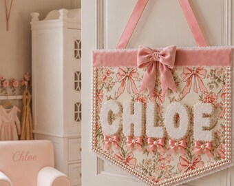 Personalized Nursery Name Banner, Pink & Sage Floral Fabric Sign, Vintage French Nursery Wall Decor