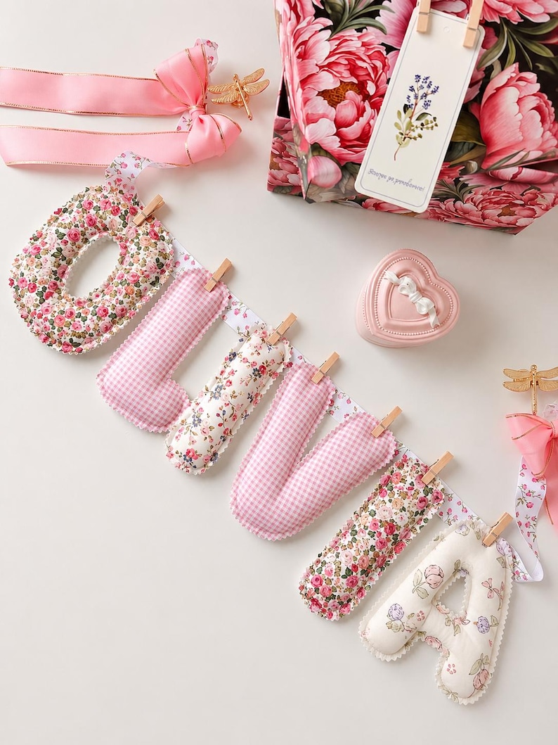 May include: A fabric banner spelling the name OLIVIA with stuffed letters attached to a ribbon by wooden clips. The letters feature alternating pink gingham and floral patterns. Includes a pink heart-shaped box, pink ribbons, and a floral gift bag.