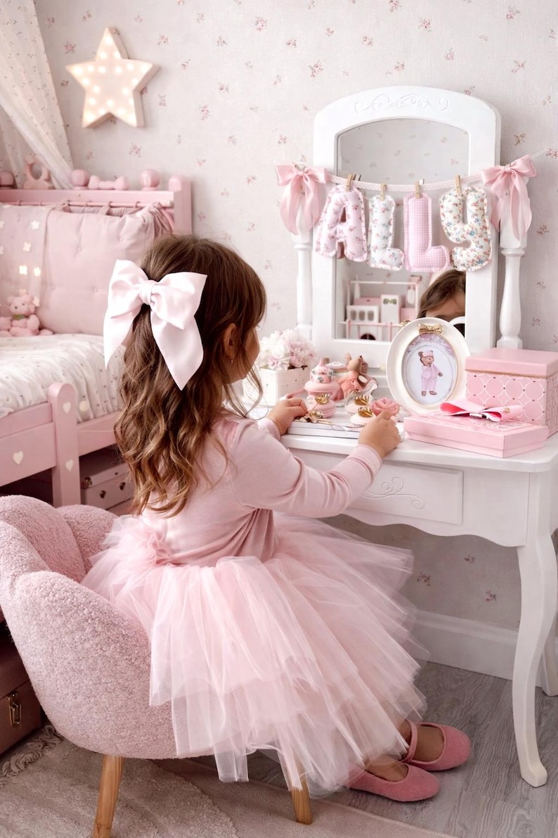 May include: A white vanity table with a mirror featuring a hanging banner that spells the name ALLY in fabric letters. The vanity holds a small oval picture frame, a pink box, and various small decorative items in a room with pink furniture.