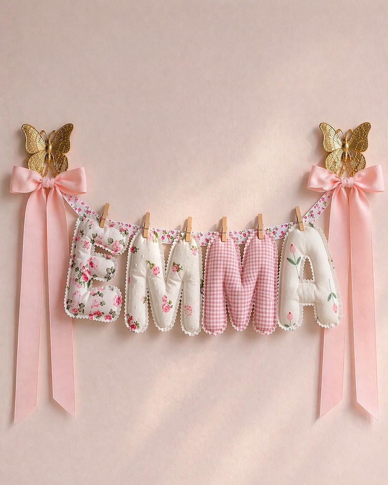 May include: A decorative banner spelling the name EMMA with stuffed fabric letters attached to a floral ribbon by wooden clips. The letters feature pink floral and gingham patterns. Each end is adorned with a gold butterfly and a pink satin bow.