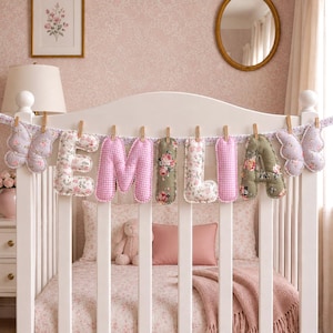 Heirloom Personalized Name Garland, Grandmillennial Vintage Nursery Decor, Timeless Floral Baby Name Banner, Quilted Fabric Letters image 5