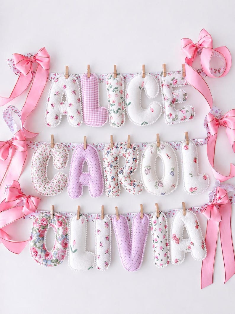 May include: A decorative banner featuring three rows of stuffed fabric letters spelling ALICE, CAROL, and OLIVIA. The letters are made from white and pink floral and gingham patterned fabric, suspended by wooden clips on ribbons with pink bows.