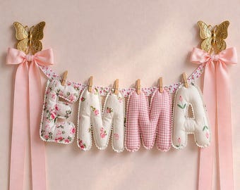 Personalized Fabric Name Garland for Baby Shower Decor, Coquette Floral Vintage Nursery Wall Hanging, Heirloom Baby Girl Gift