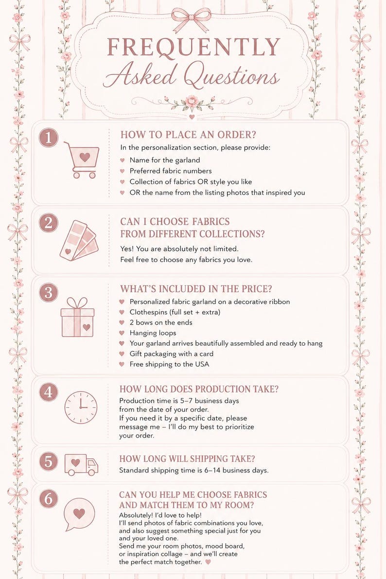 May include: A light pink informational graphic titled Frequently Asked Questions with six numbered sections. It features floral borders, bows, and icons including a shopping cart, fabric swatches, a gift box, a clock, a truck, and a speech bubble.