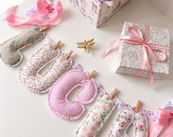 Personalized Name Garland, Custom Name Banner, Nursery or Room Decor, Pink Ballet Style, Vintage Rose Heirloom Fabric Garland, Timeless Gift