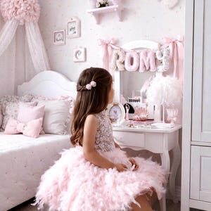 May include: A light pink sleeveless dress with a feathered skirt and a white lace bodice. The dress is worn by a child with long brown hair adorned with a small floral clip. The setting includes a white vanity with a banner spelling ROMY.