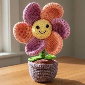 Pode incluir: Uma flor de crochê com um rosto amarelo sorridente e pétalas em tons de roxo e laranja. A flor está em um vaso cinza de crochê com um caule e folhas verdes. Um item decorativo feito à mão.