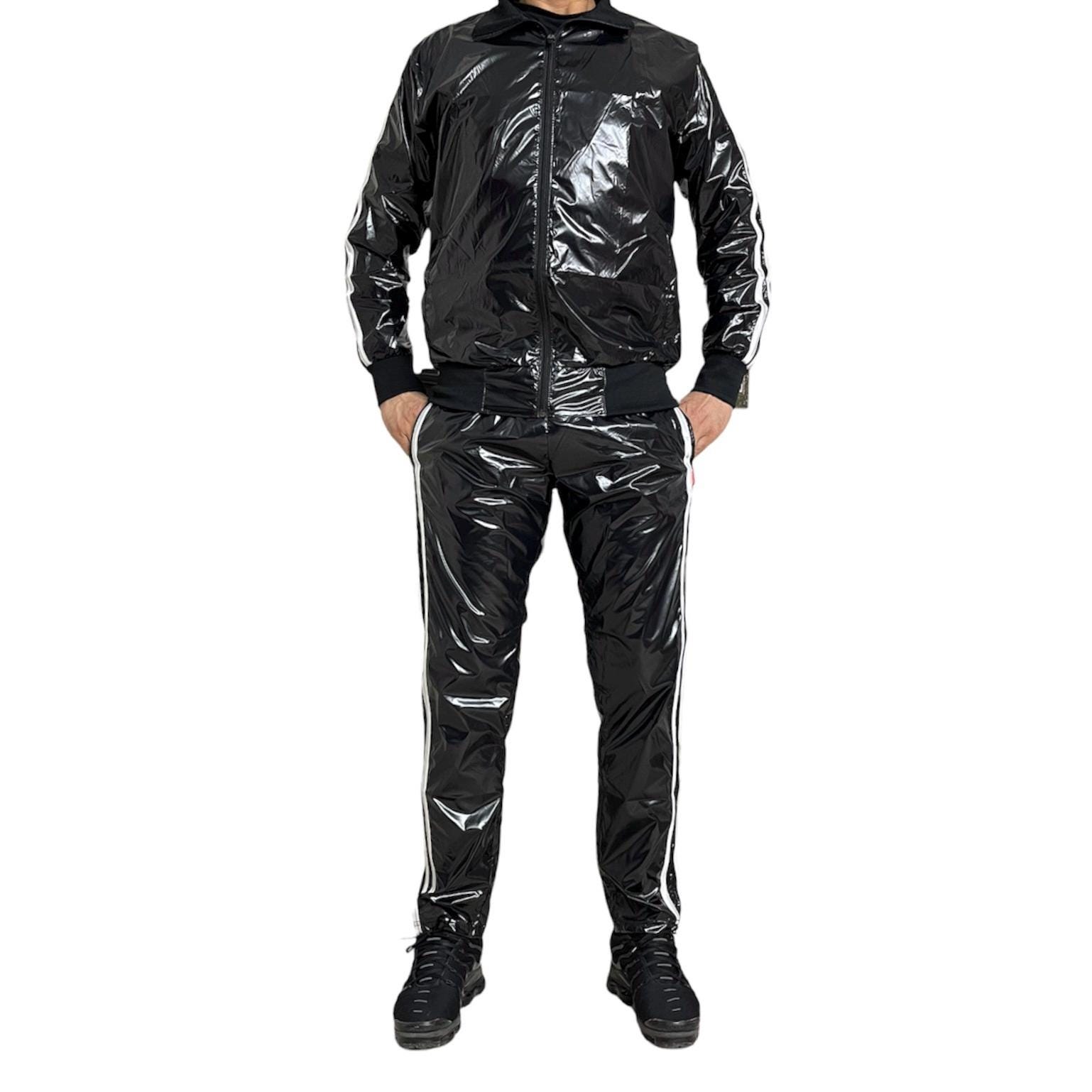 Shiny Black PU Nylon Tracksuit - Designed with a glossy, vinyl-like finish