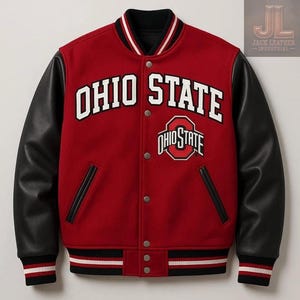 May include: A red and black varsity jacket with the words "OHIO STATE" in white block letters. The jacket has black leather sleeves, a black collar, and a striped hem. The Ohio State logo is also visible.