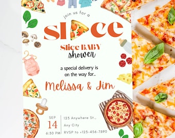 Pizza-Babyparty-Einladung: Bearbeitbare geschlechtsneutrale Vorlage (Digitaler Download)