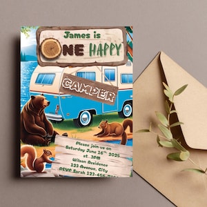 One Happy Camper Birthday Digital Invitation| Editable Camping Party Invite | Instant Download | Tent Campfire Theme | Boys or Girls