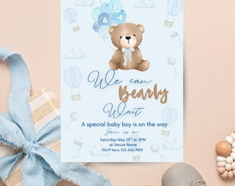 Faire-part de baby shower en montgolfière ours en peluche (téléchargement numérique)