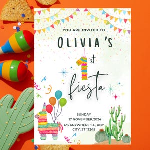 Première invitation d'anniversaire Fiesta, 1er anniversaire d'invitation modifiable fille ou garçon, modèle de fête numérique Fiesta Taco Bout One, invitation imprimable