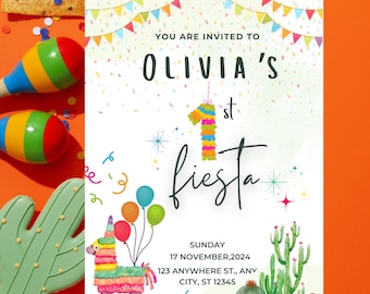 Erste Fiesta Geburtstagseinladung: Bearbeitbare Taco Party Vorlage (Digital)