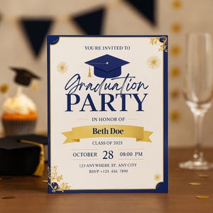 Elegant Graduation Party Invitation Template | Editable Graduation Invite | Blue and Gold Graduation Announcement | Instant Download