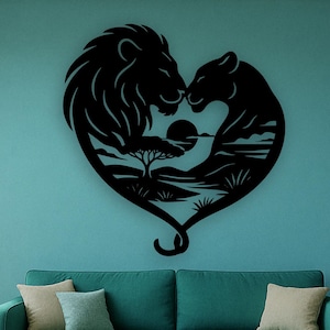 Lion Couple Heart Wall Art - Romantic Safari Animal Wooden Decor - Wild Love Nature Silhouette - African Jungle Inspired Gift Idea
