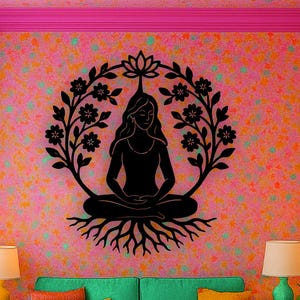 Lotus Flower Meditation Woman Wooden Wall Art: Yoga Room Decor