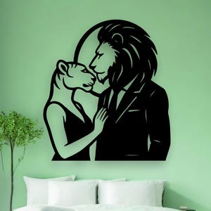 Romantic Lion Couple Wall Art - Modern Animal Silhouette Wooden Decor for Bedroom, Livingroom, Anniversary or Valentine’s Gift