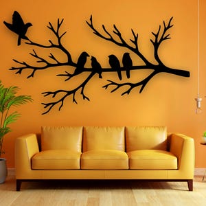 Birch Wood Tree Branch with Flying Birds: Boho Wall Art
