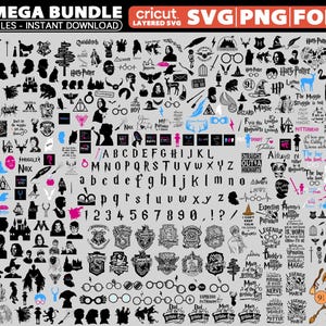 Puede incluir: Un conjunto de archivos SVG y PNG con temática de Harry Potter en blanco y negro. Incluye siluetas de personajes, citas y símbolos. El texto "HP MEGA BUNDLE" y "2000 FILES - INSTANT DOWNLOAD" es visible.
