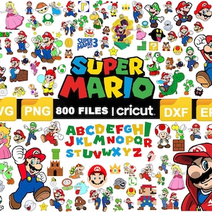 May include: A digital download of 800 Super Mario themed SVG, PNG, DXF, and EPS files. The image shows a variety of characters, including Mario, Luigi, Princess Peach, and Toad. The files are perfect for crafting projects, such as cutting vinyl, creating iron-on transfers, and making personalized gifts.