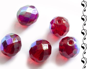 Fire Polished Round Beads 10 mm Garnet Red with AB Finish 10 pcs.