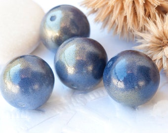 Czech Pressed Glass Round Ball Beads 12 mm Blue-Purple Golden Finish 4 pcs.