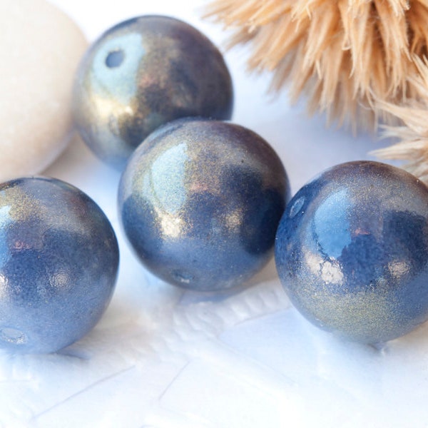 Czech Pressed Glass Round Ball Beads 12 mm Blue-Purple Golden Finish 4 pcs.