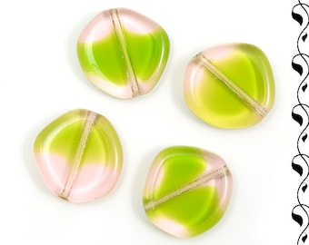 Czech Glass Coins 15 mm Apple Green-Pink 4 pcs.