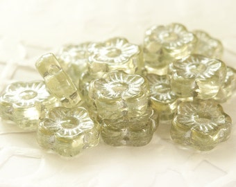 Czech Glass Flowers 10 mm Pale Pastel Green with Silver inlays 10 pcs