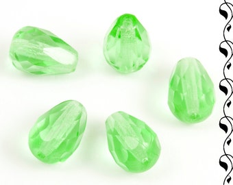 10 Fire Polished Drops 10x7 mm Light Green