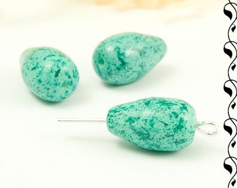 6 Czech Coated Drops 14x8 mm Turquoise-Green