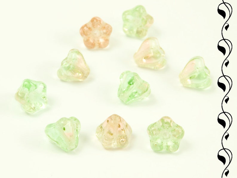 Czech Glass Baby Bells 6x5 mm Green-Pink 10 pcs image 2