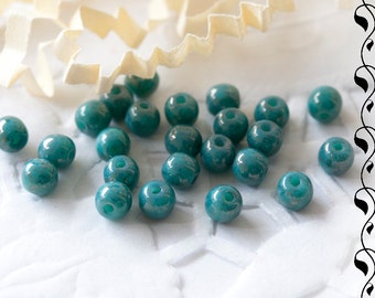 Czech Glass Round Beads 4 mm Turquoise Marbled Gold Finish 50 pcs