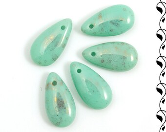 Czech Glass Drops 14x7 mm Turquoise Marbled Gold Finish 10 pcs