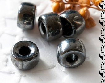 Pressed Roller Beads 9x5 mm Luster Black Large Hole 10 pcs